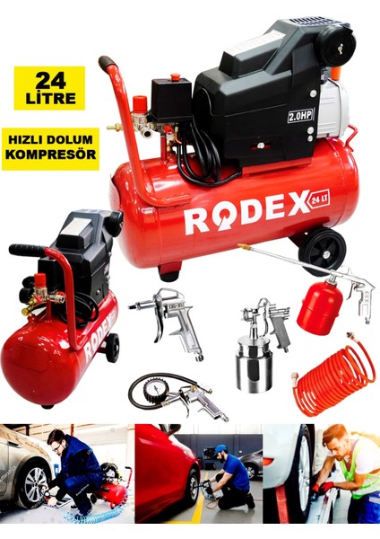 Germany Style Rodex 24 Litre Pistonlu Yağlı Hava Kompresörü 2 Hp 5 Parça Havalı Setli