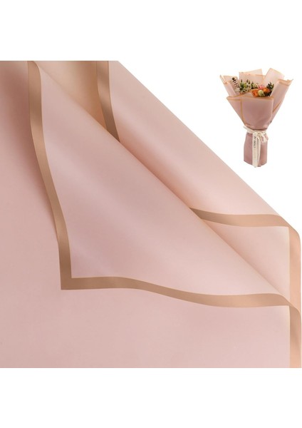 Çiçek Buket Kağıdı - Çiçek Ambalaj Kağıdı - Pembe - Altın Kenarlı - Mat Opp 58X58 cm - 20 Adet