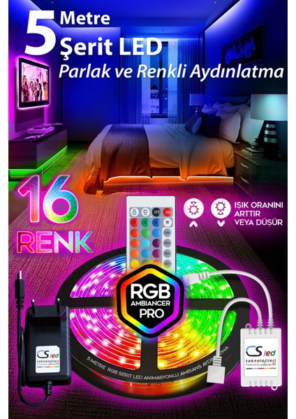 5 Metre Animasyonlu Rgb Şerit LED Tak Çalıştır Kumandalı Trafolu Aydınlatma Parti Dekorasyon