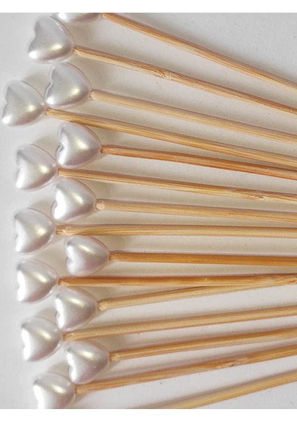 15 cm Uzun Kürdan - 30 Adet Kalp Inci Pasta Kürdanı - Nişan Söz Kalp Incili Kürdan modelleri