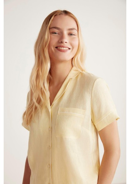 Kadın Kısa Kol Önden Düğmeli Şortlu Sarı Pijama Takımı C0T4N6O9
