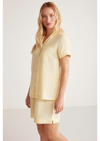 Kadın Kısa Kol Önden Düğmeli Şortlu Sarı Pijama Takımı C0T4N6O9
