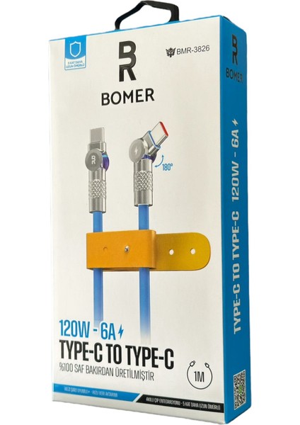 3826 120W 6A MAVİ RENK TYPE C to TYPE C 180 DERECE DÖNER BAŞLI IŞIKLI ŞARJ VE DATA KABLOSU