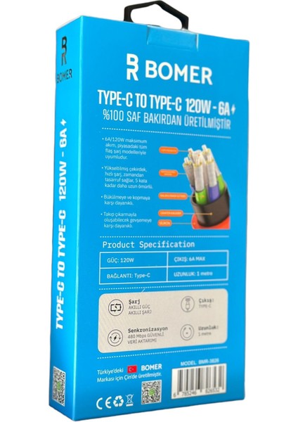 3826 120W 6A MAVİ RENK TYPE C to TYPE C 180 DERECE DÖNER BAŞLI IŞIKLI ŞARJ VE DATA KABLOSU