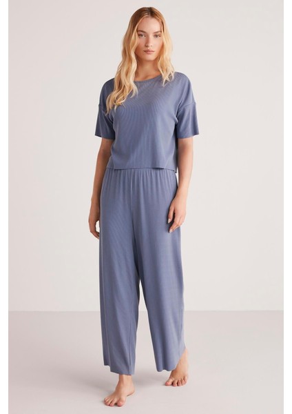 Kadın Kısa Kol Indigo Pijama Takım C7T5N4O9