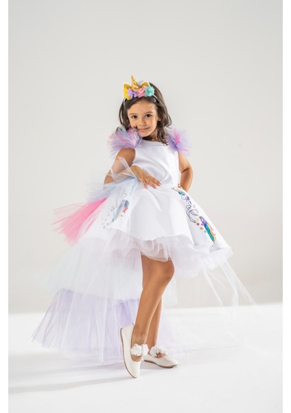 Unicorn My Little Pony Temalı Kız Çocuk Beyaz Doğum Günü Elbisesi Ve Parti Kostümü