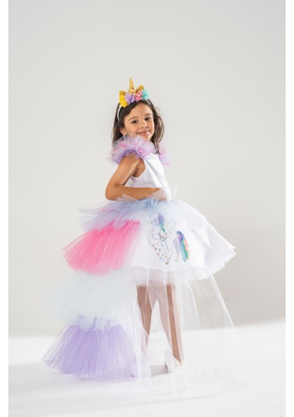 Unicorn My Little Pony Temalı Kız Çocuk Beyaz Doğum Günü Elbisesi Ve Parti Kostümü