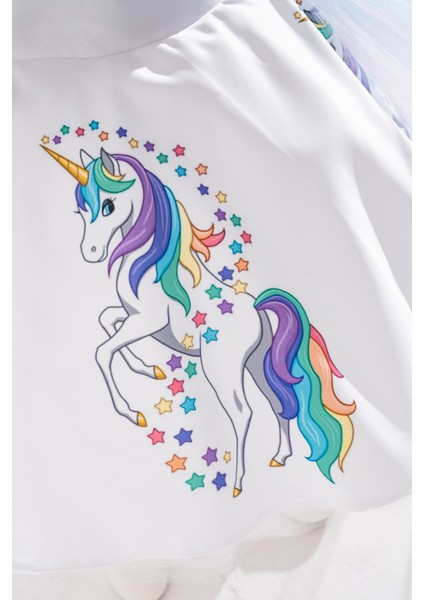 Unicorn My Little Pony Temalı Kız Çocuk Beyaz Doğum Günü Elbisesi Ve Parti Kostümü