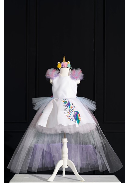 Unicorn My Little Pony Temalı Kız Çocuk Beyaz Doğum Günü Elbisesi Ve Parti Kostümü