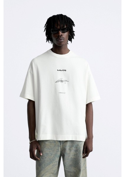 Imza Baskılı Oversize Beyaz Erkek T-Shirt