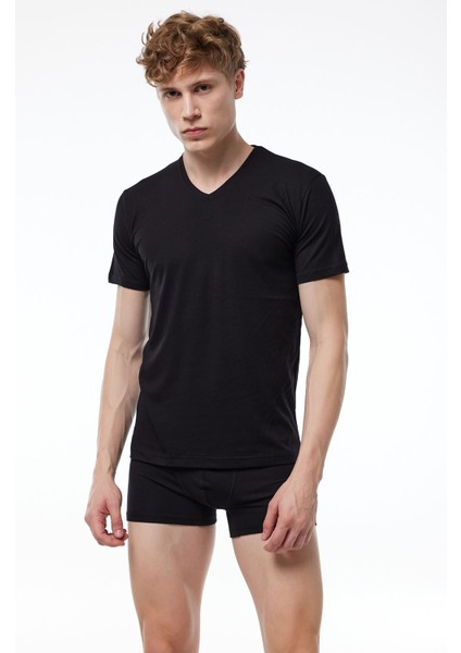 Erkek Siyah 3 Lü Paket Basic V Yaka Ince Modal Yaz Serinliği Tshirt 3M085 fırsatları