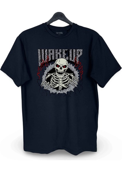 Wake Up Iskelet Baskılı Loose Fit Bisiklet Yaka Unisex Tişört