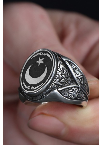 Ksrmoda Ayyıldız Detaylı El Işlemeli 925 Ayar Gümüş Erkek Yüzük