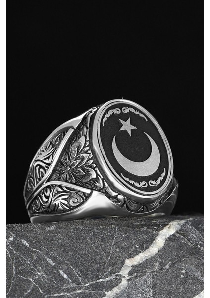 Ksrmoda Ayyıldız Detaylı El Işlemeli 925 Ayar Gümüş Erkek Yüzük modelleri