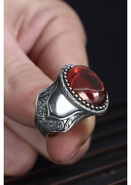 Ksrmoda Kırmızı Zirkon Taşlı El Işlemeli 925 Ayar Gümüş Erkek Yüzük