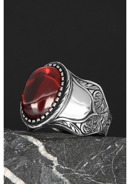 Ksrmoda Kırmızı Zirkon Taşlı El Işlemeli 925 Ayar Gümüş Erkek Yüzük fiyatları