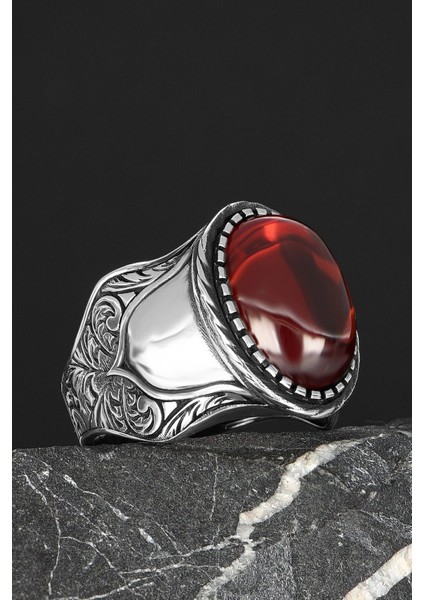 Ksrmoda Kırmızı Zirkon Taşlı El Işlemeli 925 Ayar Gümüş Erkek Yüzük modelleri