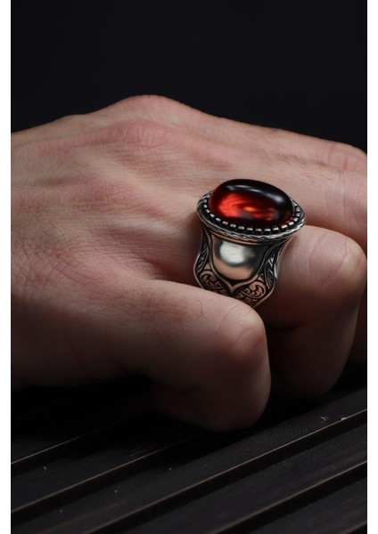 Ksrmoda Kırmızı Zirkon Taşlı El Işlemeli 925 Ayar Gümüş Erkek Yüzük fırsatları