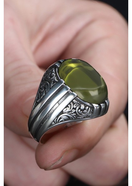 Peridot Taşlı El Işlemeli 925 Ayar Gümüş Erkek Yüzük