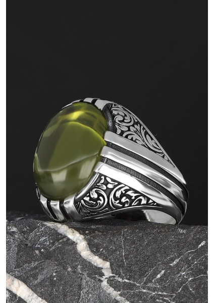 Peridot Taşlı El Işlemeli 925 Ayar Gümüş Erkek Yüzük fiyatları