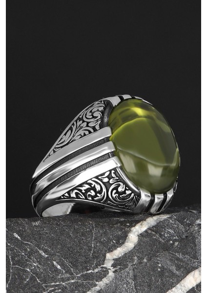 Peridot Taşlı El Işlemeli 925 Ayar Gümüş Erkek Yüzük modelleri