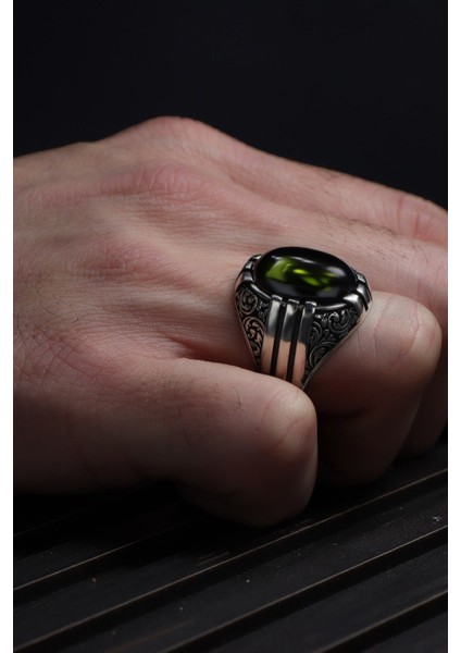 Peridot Taşlı El Işlemeli 925 Ayar Gümüş Erkek Yüzük fırsatları