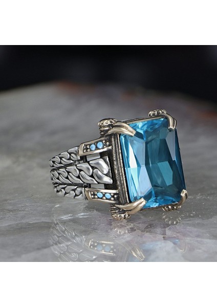 Zincir Serisi 925 Ayar Blue Topaz Taşlı Erkek Gümüş Yüzük