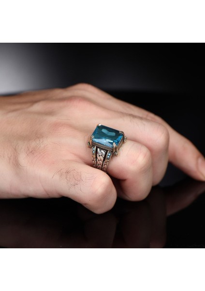 Zincir Serisi 925 Ayar Blue Topaz Taşlı Erkek Gümüş Yüzük