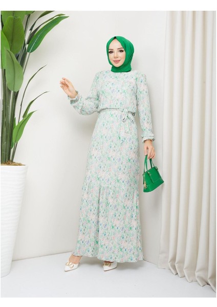 Piliseli Viscon Kumaş Çiçek Desenli Elbise- Yeşil