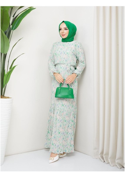 Piliseli Viscon Kumaş Çiçek Desenli Elbise- Yeşil modelleri
