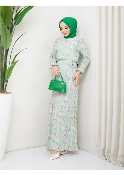 Piliseli Viscon Kumaş Çiçek Desenli Elbise- Yeşil indirimleri