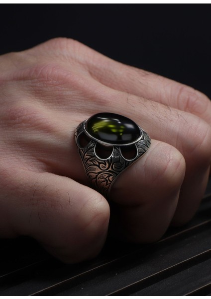 Desenli Model Peridot Taşlı 925 Ayar Erkek Gümüş Yüzük modelleri