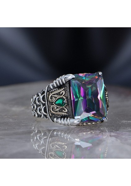 Ksrmoda Zincir Serisi 925 Ayar Mistik Topaz Erkek Gümüş Yüzük