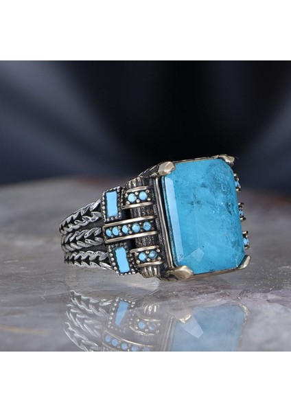 Ksr Moda Zincir Serisi 925 Ayar Blue Topaz Erkek Gümüş Yüzük