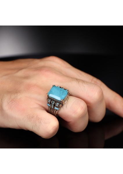 Ksr Moda Zincir Serisi 925 Ayar Blue Topaz Erkek Gümüş Yüzük