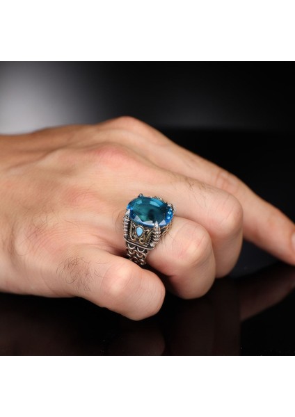 Zincir Serisi 925 Ayar Blue Topaz Erkek Gümüş Yüzük fiyatları