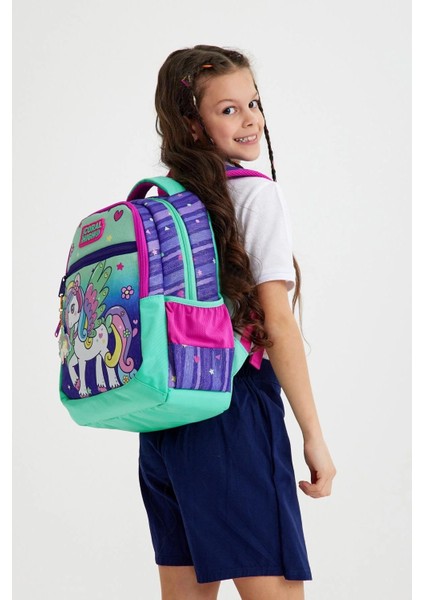 Mor Su Yeşili Unicorn Desenli 3’lü Okul Çanta