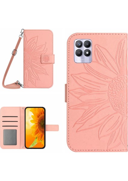 Realme 8i ile Uyumlu Kabartmalı Ayçiçeği Cüzdanlı Uzun Çıkarılabilir Askılı ve Manyetik Kart Tutuculu Telefon Kılıfı (Yurt Dışından)