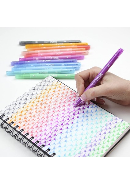: Twin Tone : Çift Uçlu Grafik Markör Kalem Seti : 12 Renk (Pastel Renkler) indirimleri