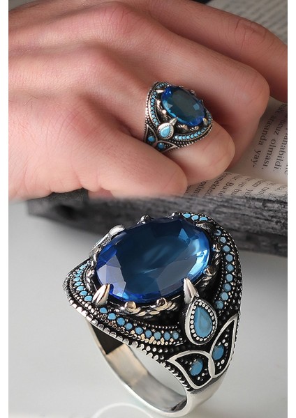 Ksr Moda Blue Topaz Taşlı 925 Ayar Erkek Gümüş Yüzük