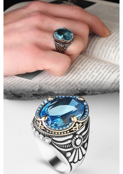 Ksrmoda Blue Topaz Taşlı 925 Ayar Erkek Gümüş Yüzük