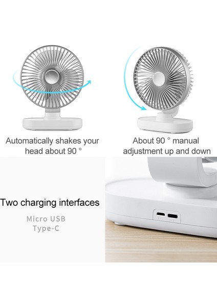 D77 4W Mikro USB ve Usb-C / Type-C Şarj Edilebilir Masaüstü Fanı Gümüş (Yurt Dışından)