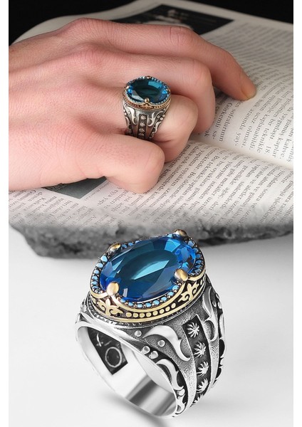 Ksrmoda Blue Topaz Taşlı 925 Ayar Erkek Gümüş Yüzük