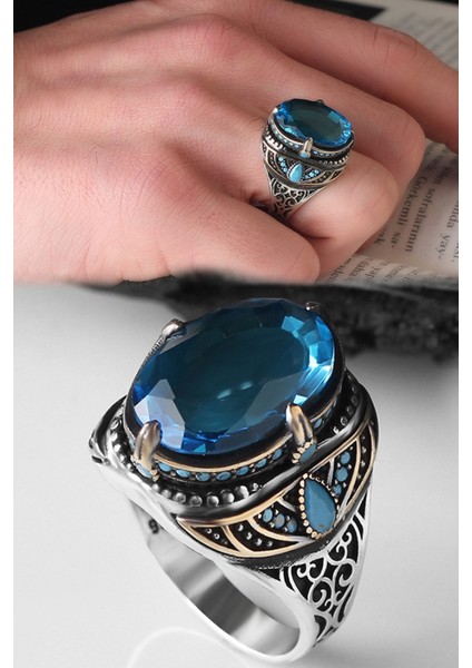 Ksrmoda Blue Topaz Taşlı 925 Ayar Erkek Gümüş Yüzük