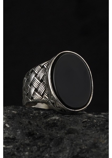 Ksrmoda Örme Model Oniks Taşlı 925 Ayar Gümüş Erkek Yüzük