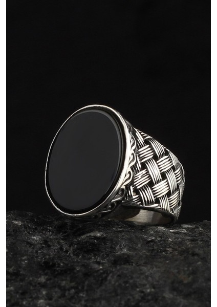 Ksrmoda Örme Model Oniks Taşlı 925 Ayar Gümüş Erkek Yüzük fiyatları