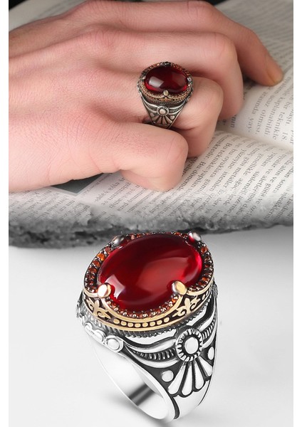 Ksrmoda Kırmızı Zirkon Taşlı 925 Ayar Erkek Gümüş Yüzük