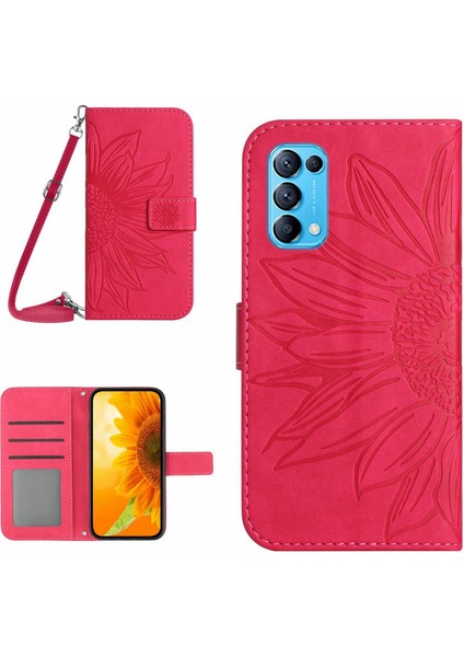 Oppo Reno 5 Pro ile Uyumlu Kabartmalı Ayçiçeği Cüzdanlı Uzun Çıkarılabilir Askılı ve Manyetik Kart Tutuculu Telefon Kılıfı (Yurt Dışından)