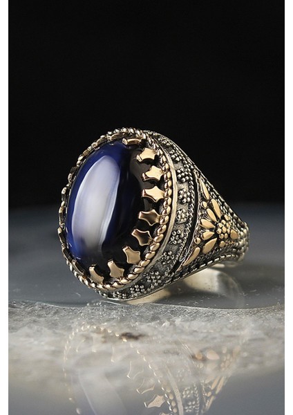 Ksrmoda Mavi Kaplangözü Taşlı 925 Ayar Gümüş Erkek Yüzük