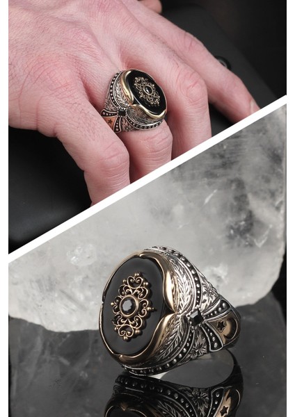 Oniks Taşlı Ayyıldızlı 925 Ayar Erkek Gümüş Yüzük